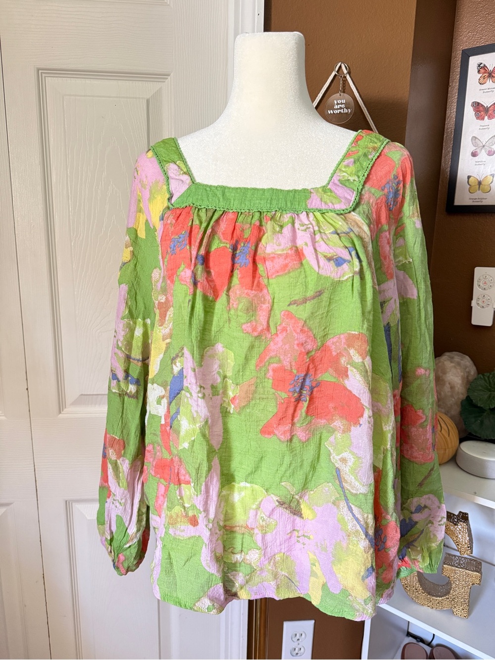 Hope & Harlow Floral Peasant Blouse Spring Top with Square Neckline / Size M